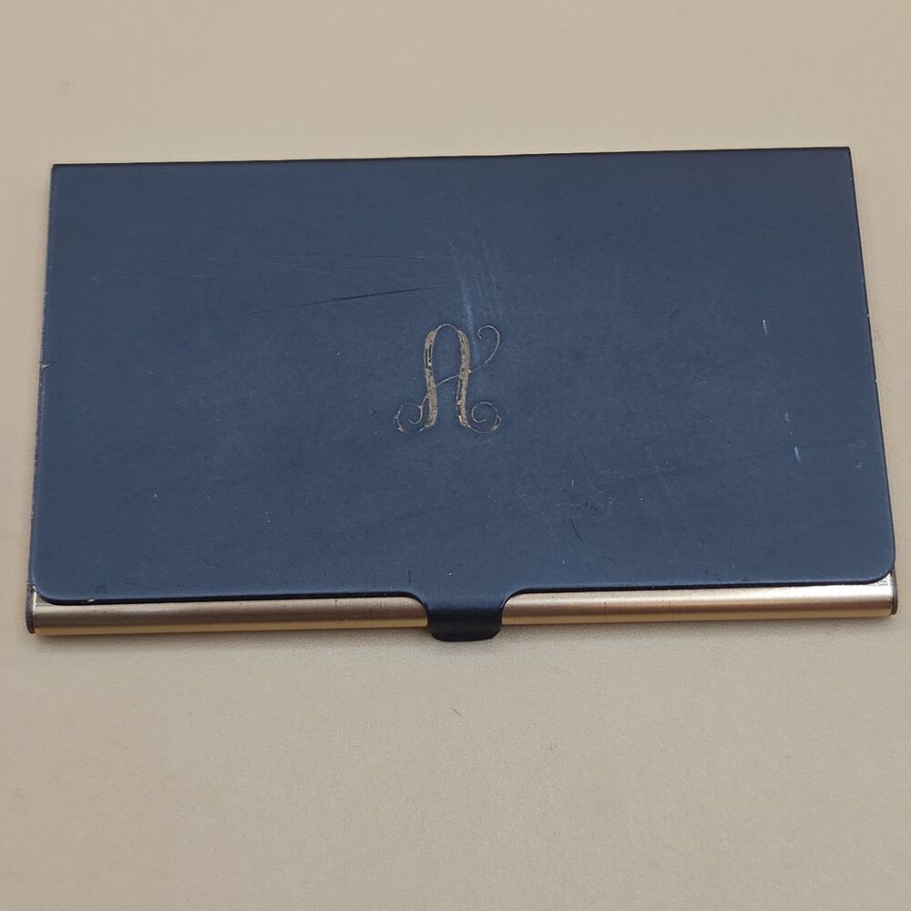 Monogramed "A" Business Card Holder Slim Matte Black & Gold Vintage MCM Office